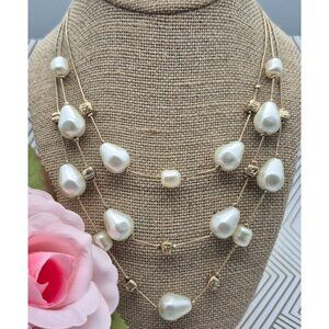 Chico's Multi Strand Gold Tone Snake Chain & Faux Pearl Collar Necklace Classic